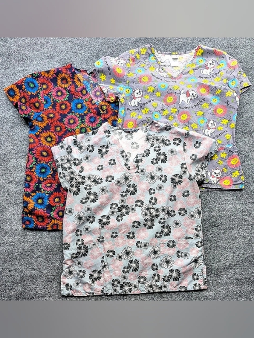 Wear for Care Scrub Tops Floral Print + Disney Bonus Top Size Medium Lot Of 3